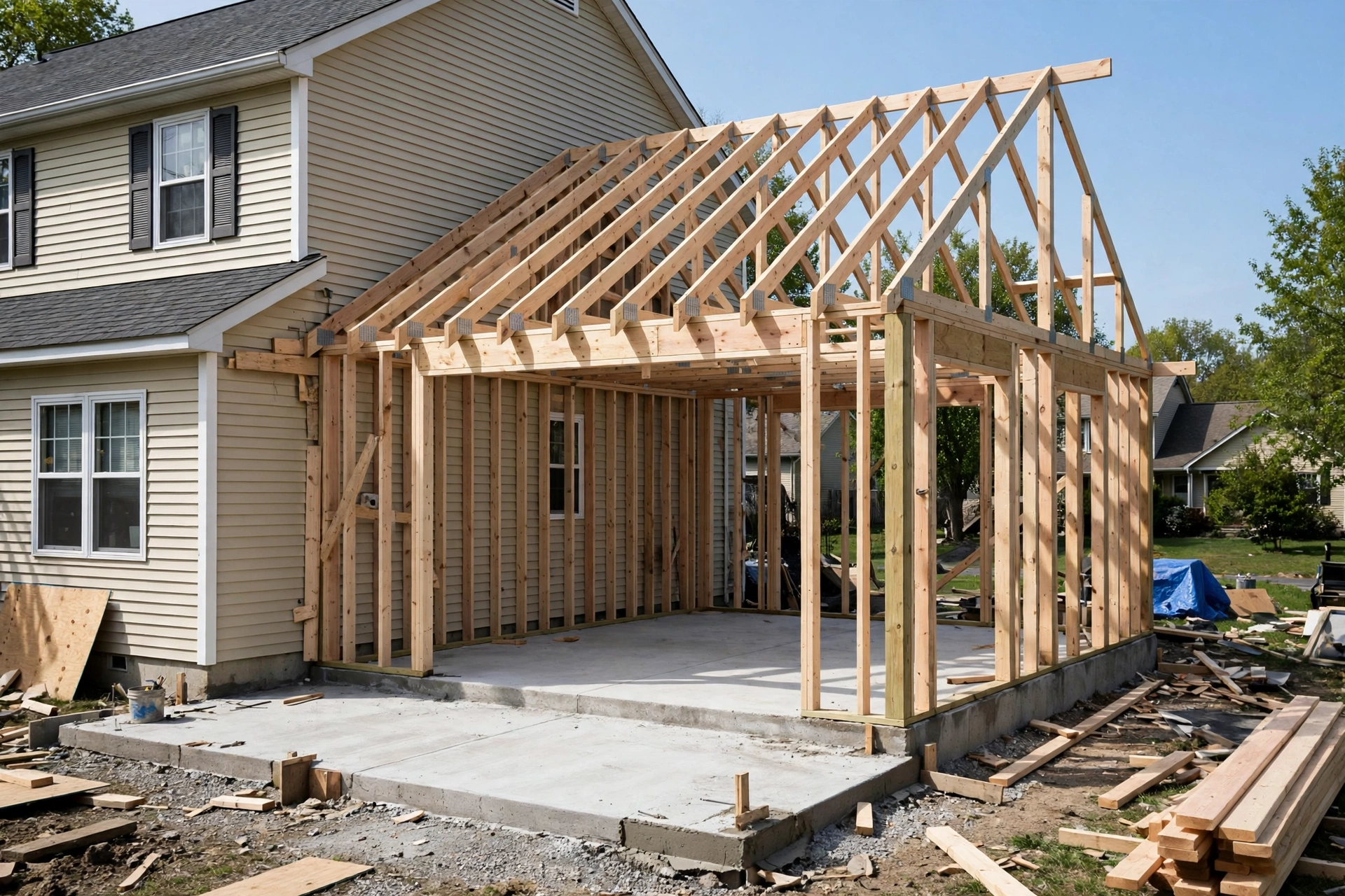 Wood framing and roof trusses of a room addition built on a concrete slab foundation