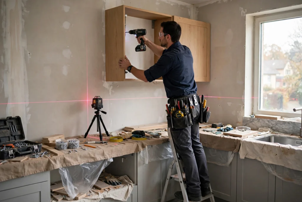 Contractor installing custom kitchen cabinets with laser level alignment