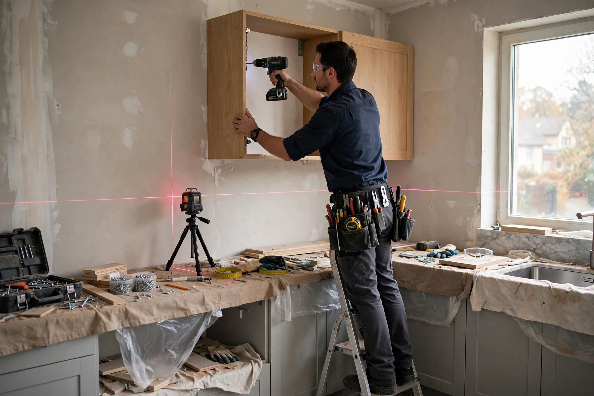 Contractor installing custom kitchen cabinets with laser level alignment