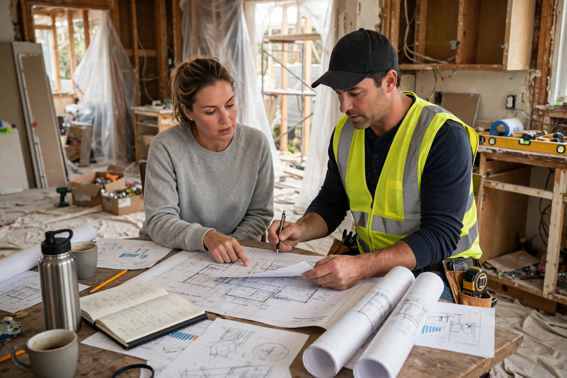 Homeowner and contractor reviewing bid documents and blueprints