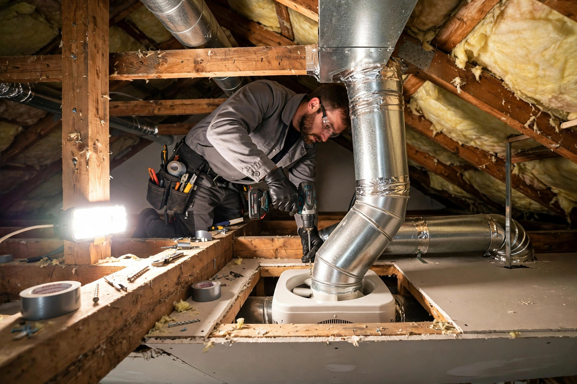 Contractor installing bathroom ventilation fan with rigid metal ductwork