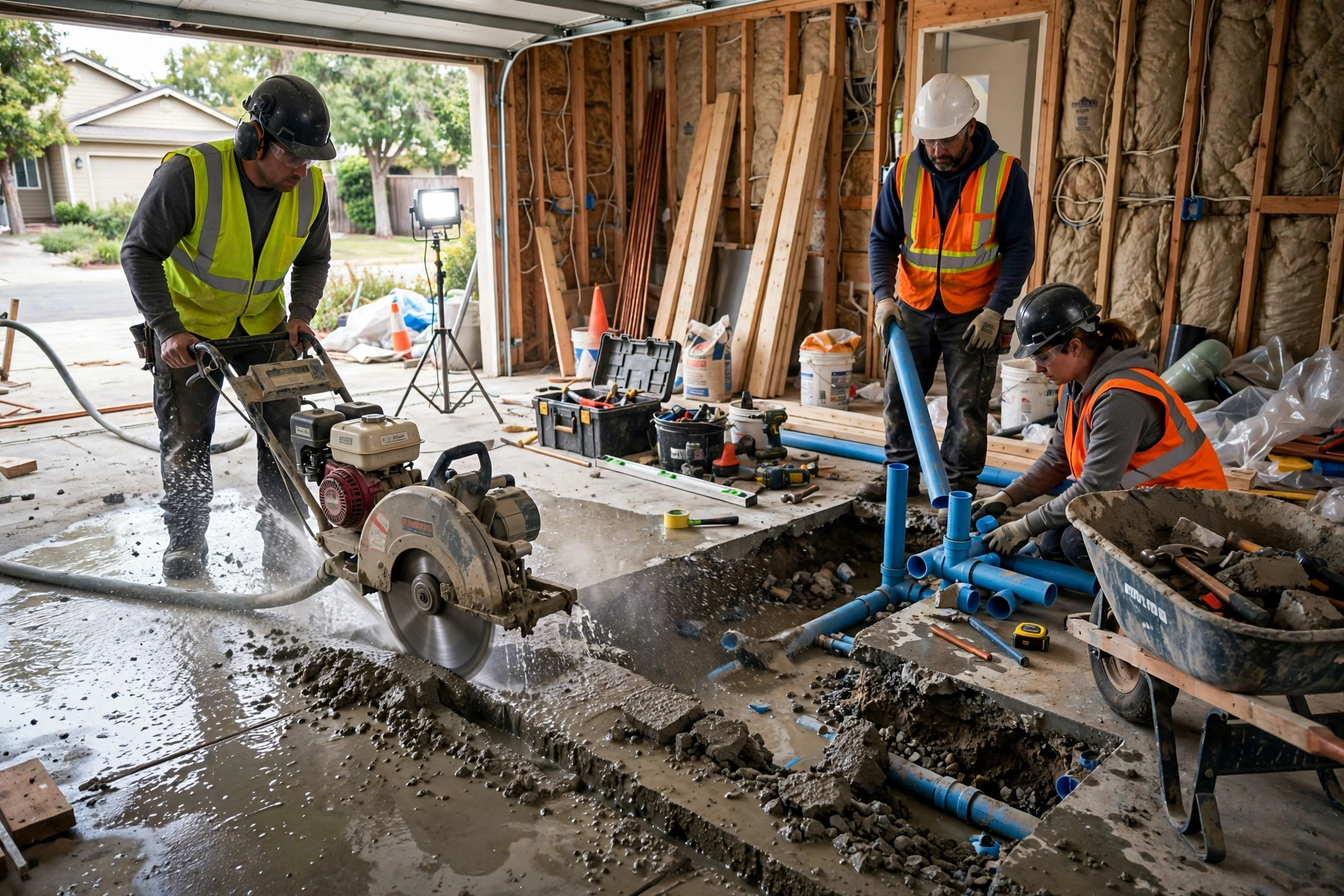 Garage apartment construction with concrete slab trenching for plumbing