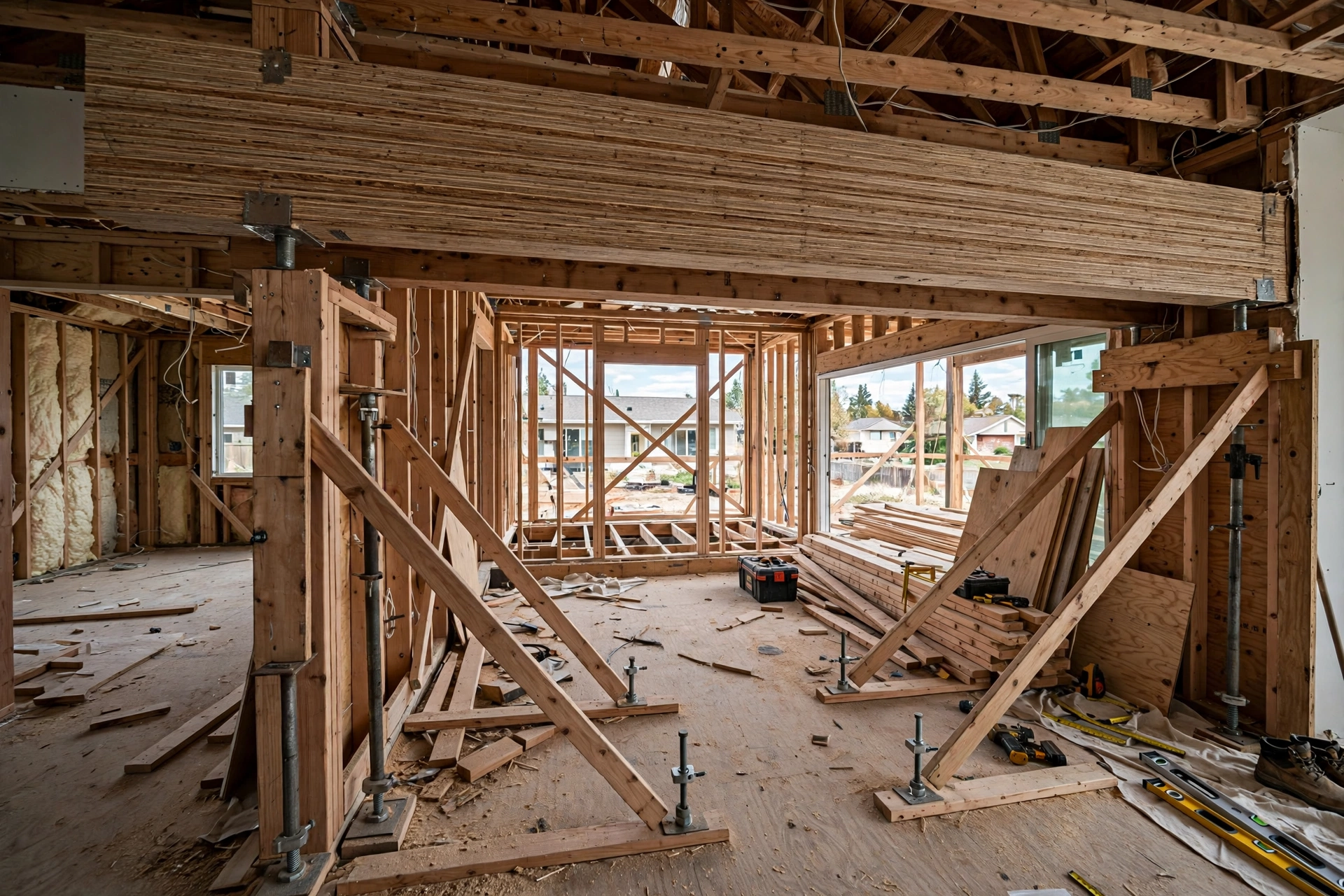 Open floor plan framing with LVL beam replacing a load-bearing wall