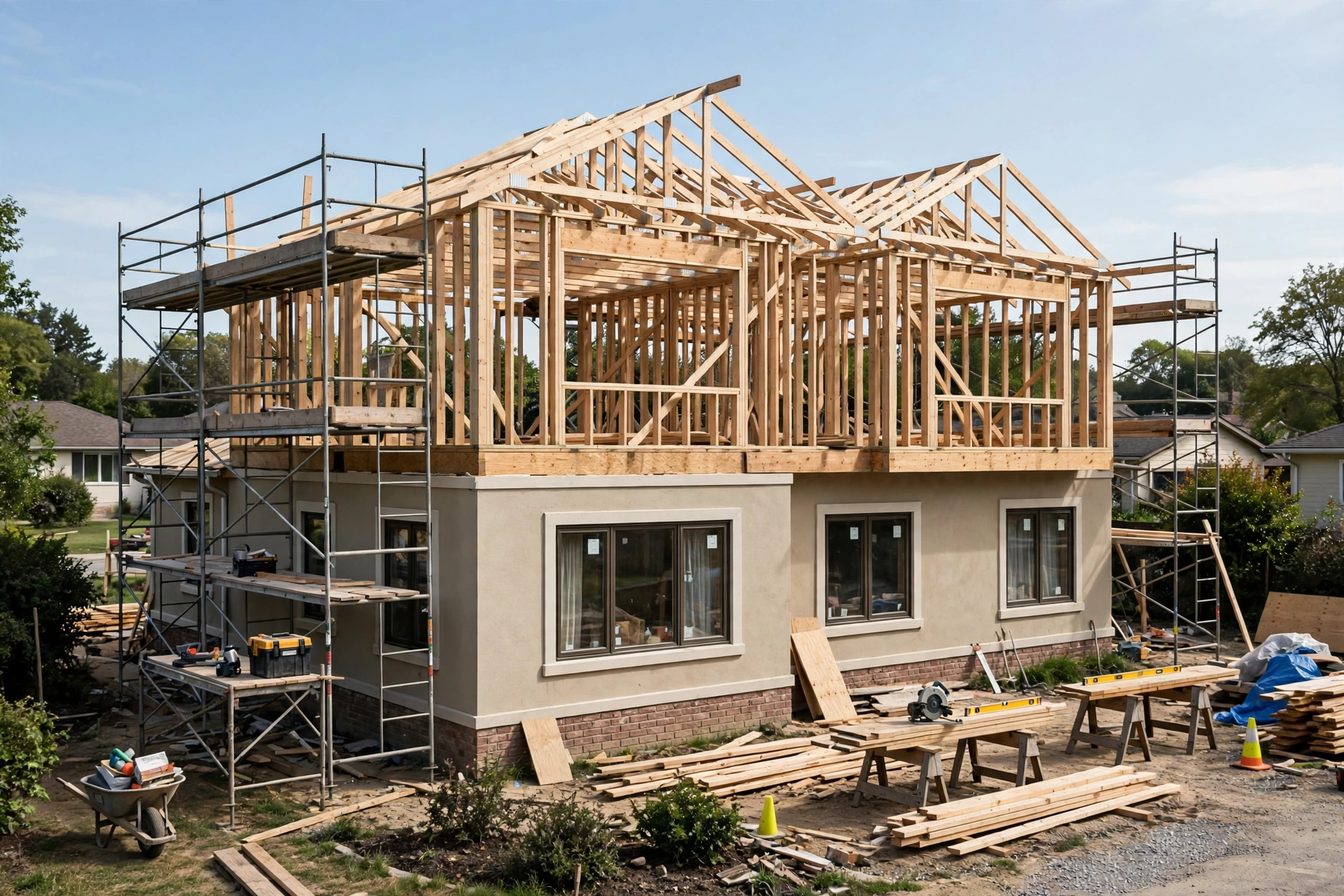 Second story addition framing with new wall and roof truss construction