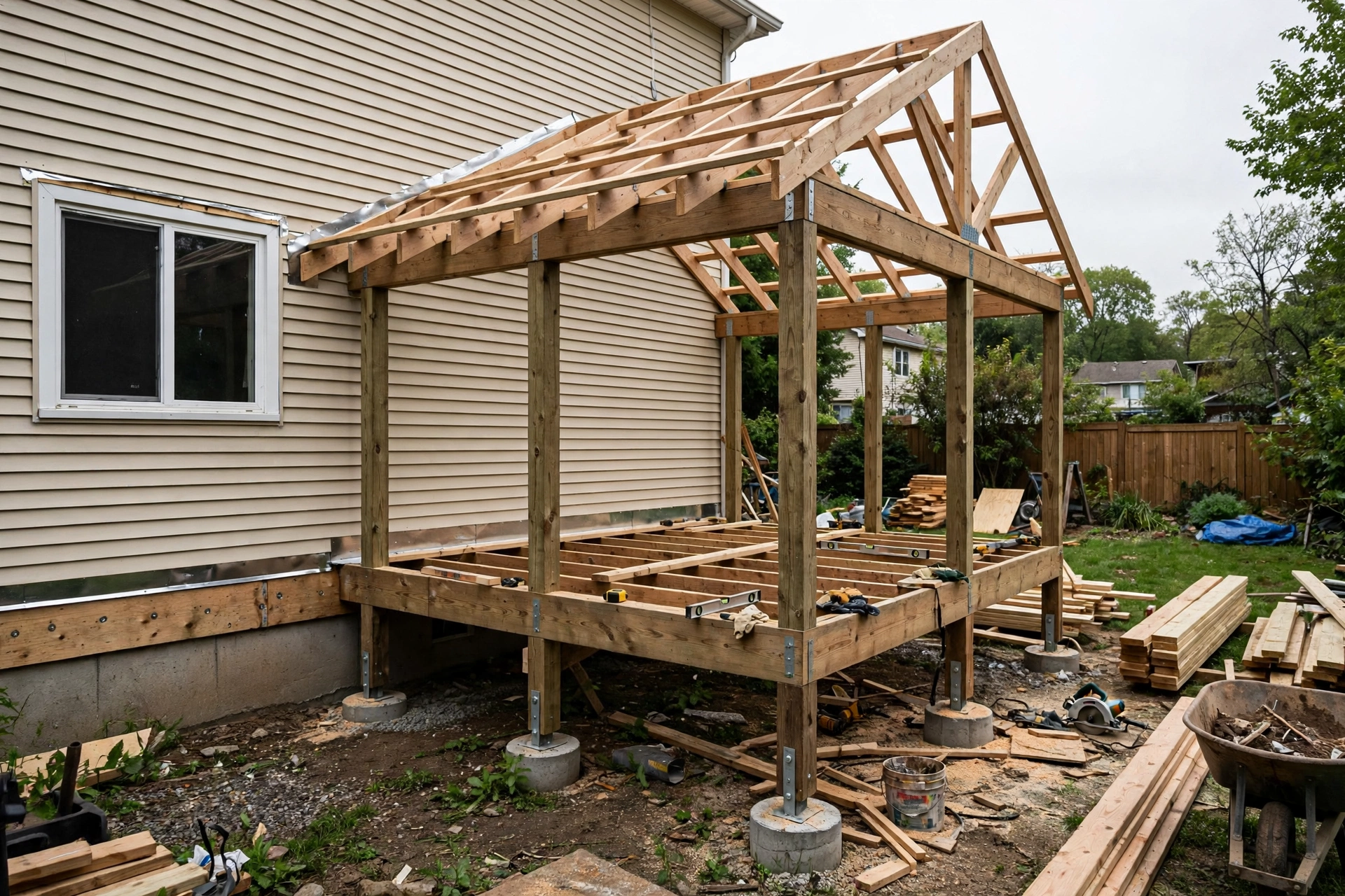 Covered deck construction with posts on concrete footings and roof framing