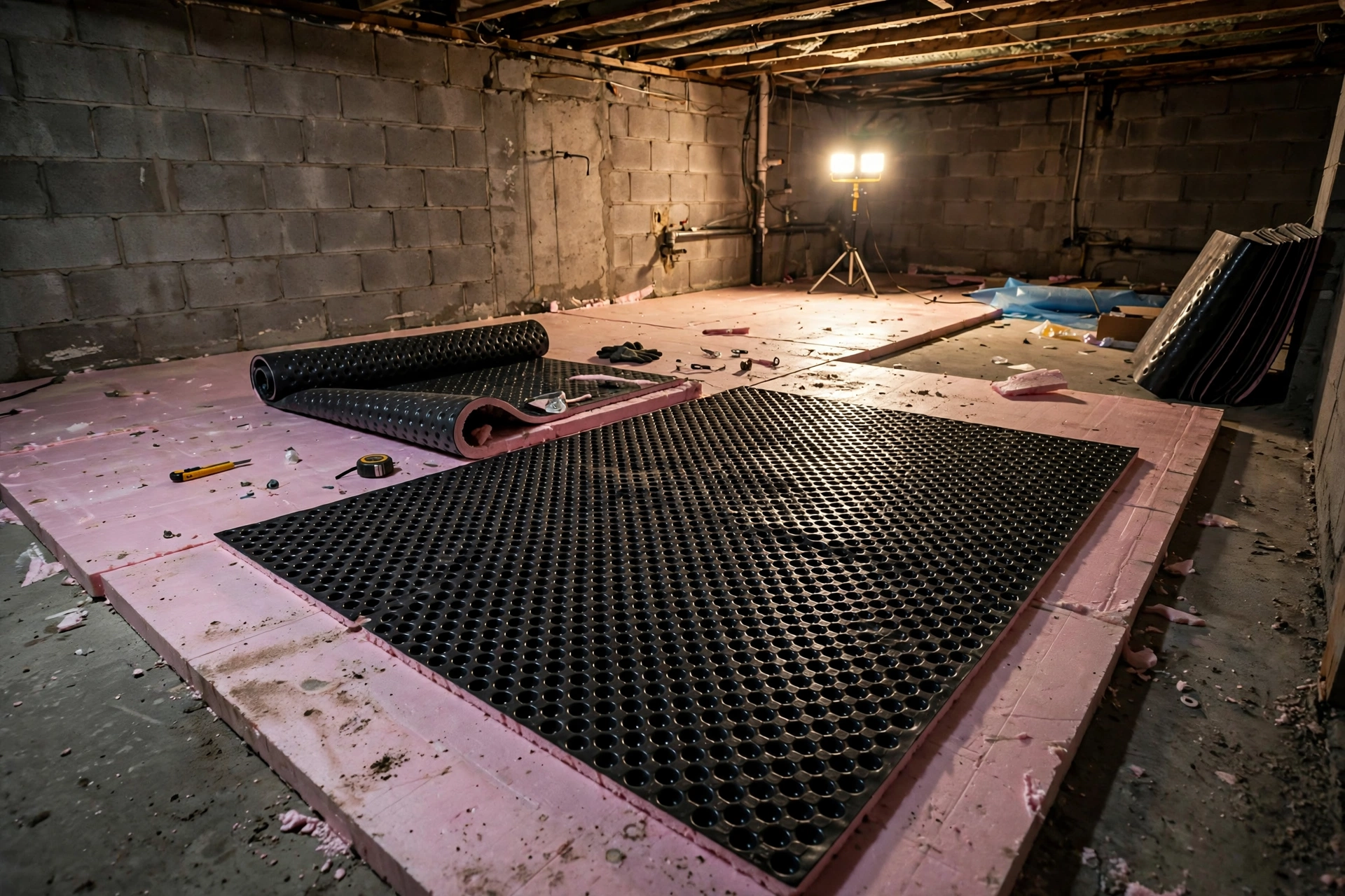 Basement subfloor installation with dimpled membrane panels over concrete