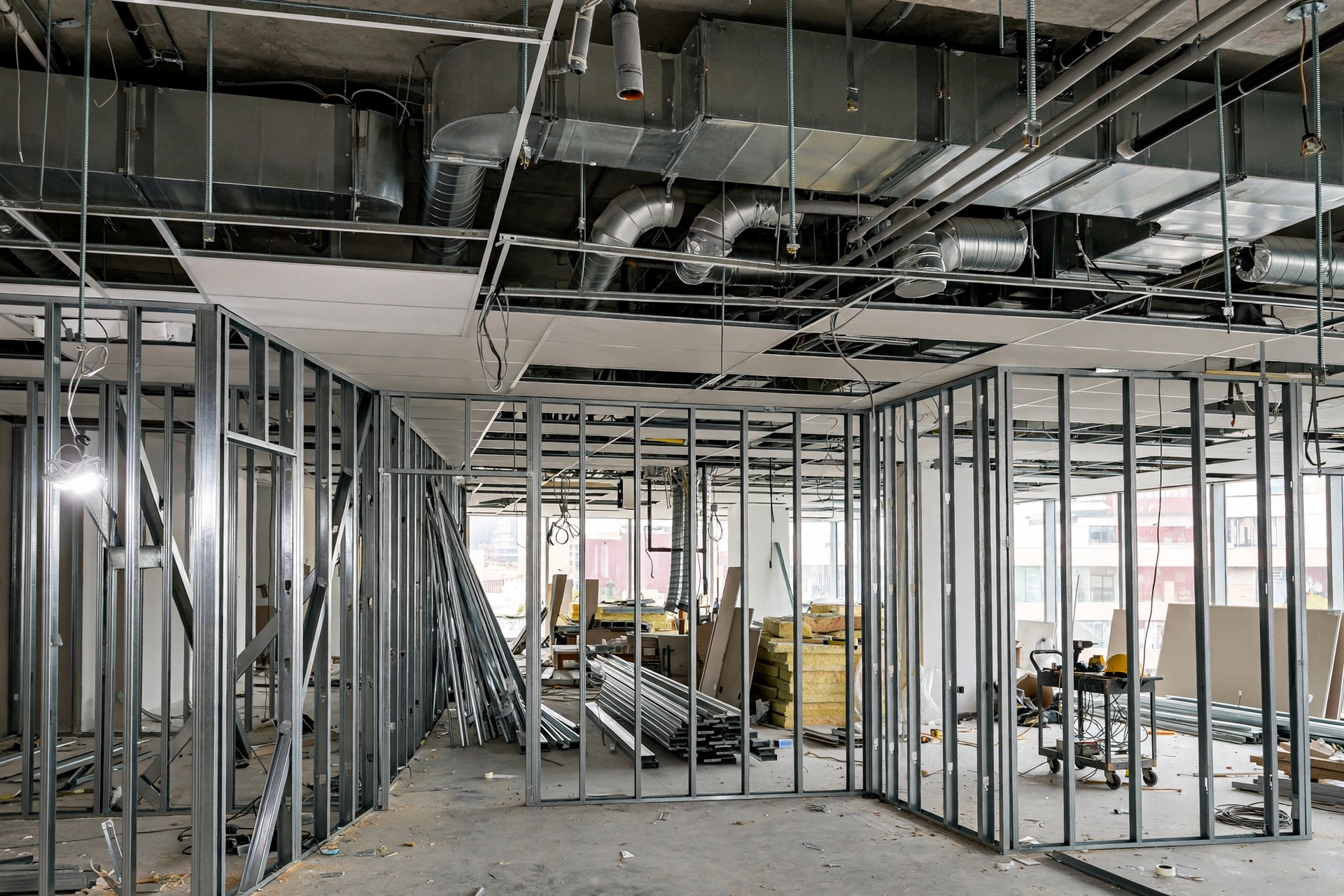 Commercial tenant improvement construction with metal stud office framing