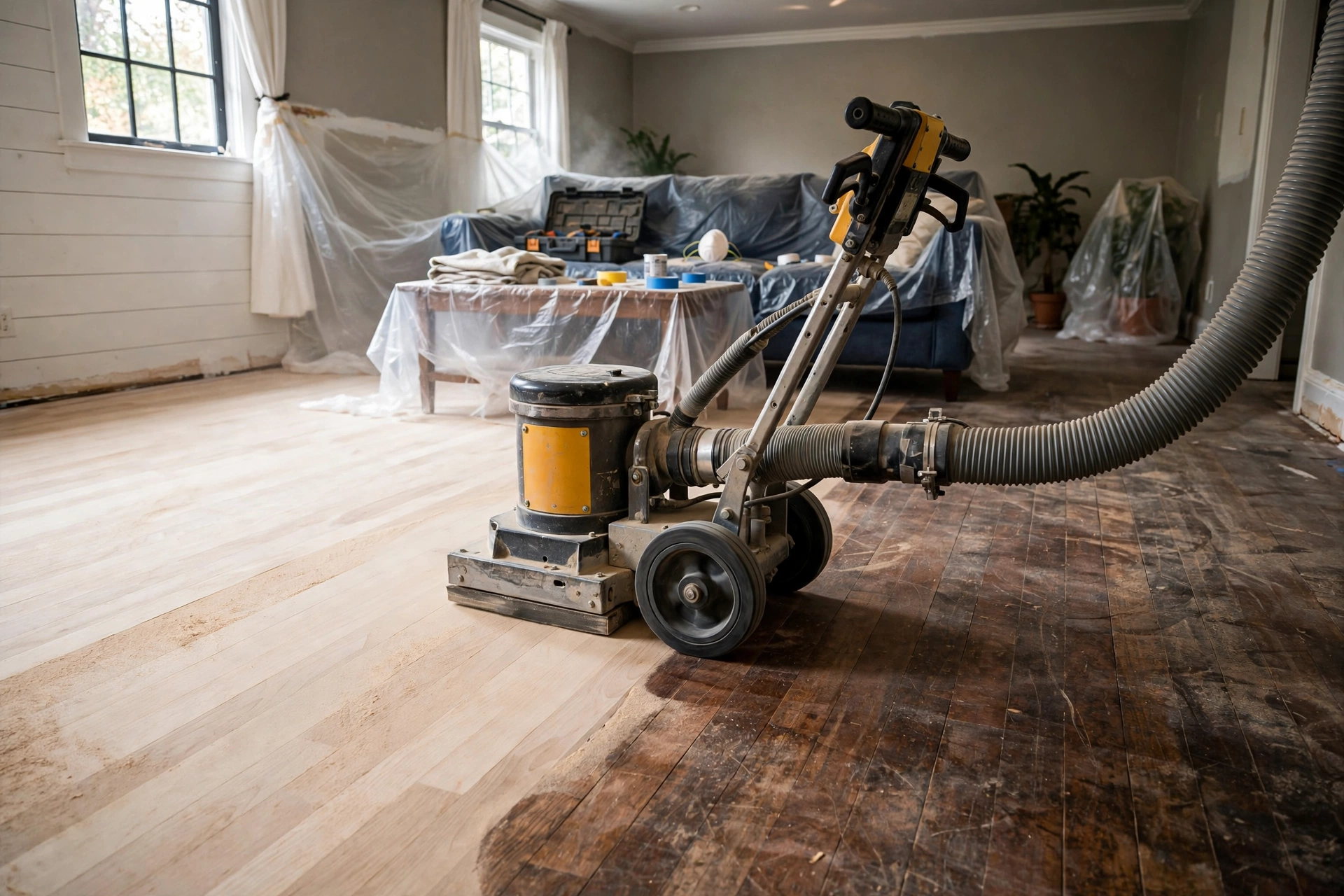 Professional hardwood floor sanding and refinishing with drum sander